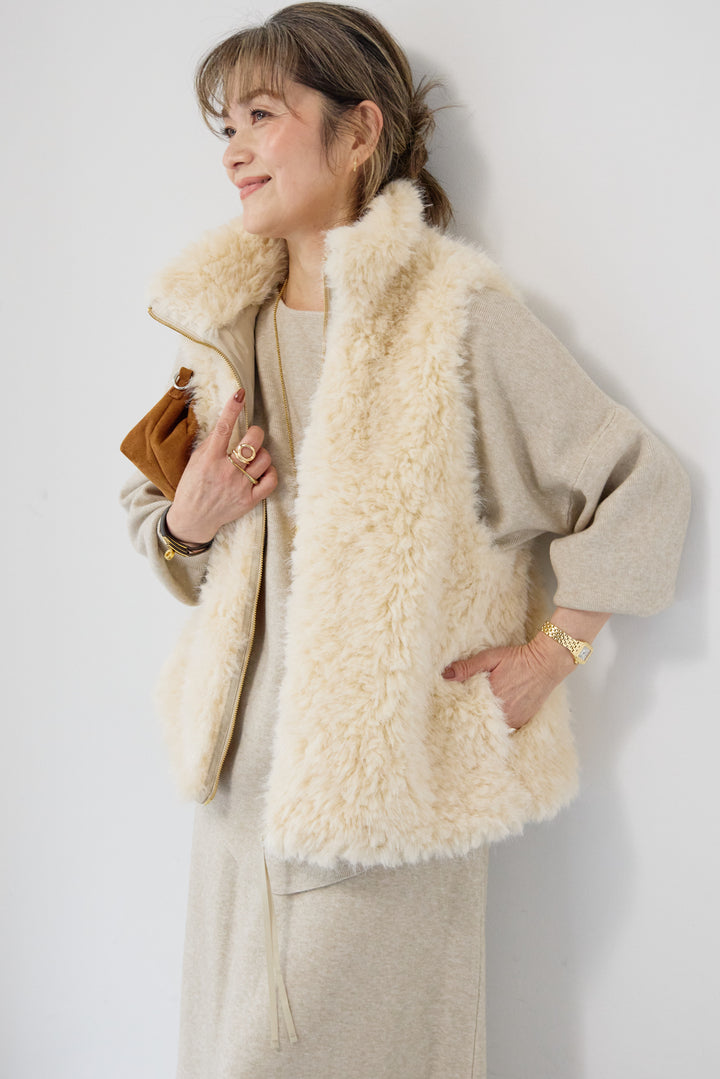 [SET]ロングミックスファーベスト+ニットアップ アシンメトリープルオーバー＆ロングスカート(2set)