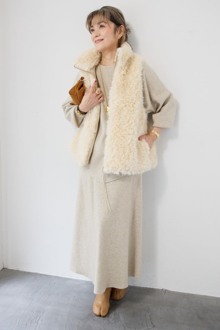 [SET]ロングミックスファーベスト+ニットアップ アシンメトリープルオーバー＆ロングスカート(2set)