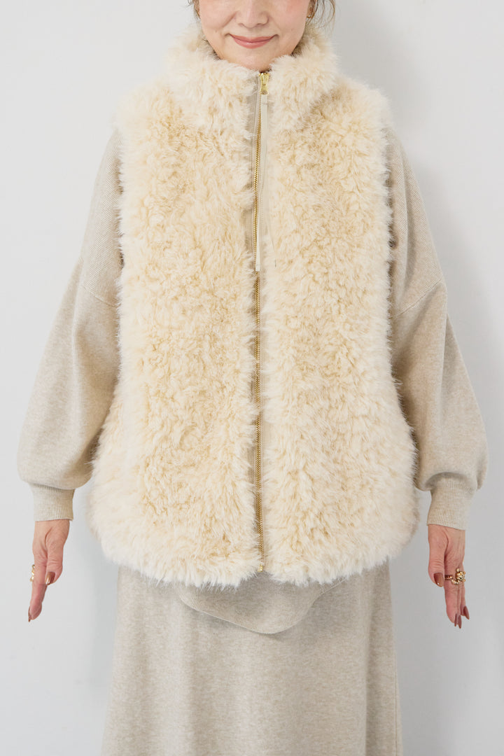 [SET]ロングミックスファーベスト+ニットアップ アシンメトリープルオーバー＆ロングスカート(2set)