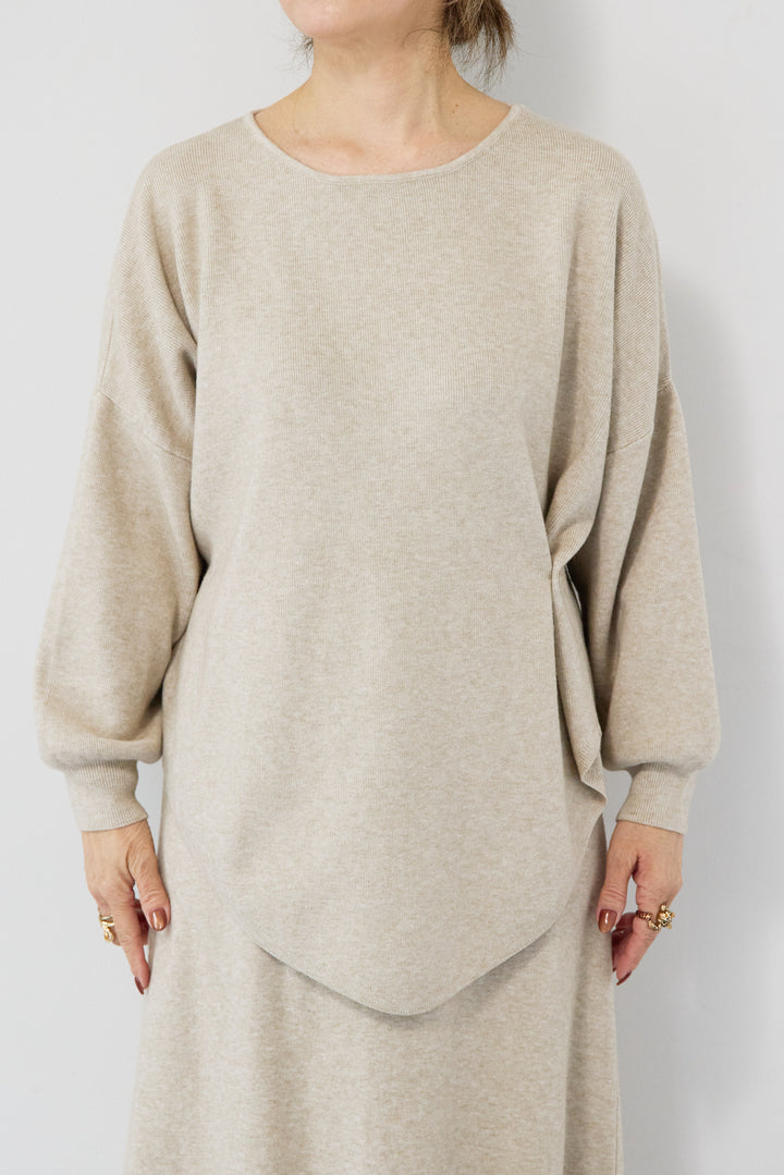 [SET]ロングミックスファーベスト+ニットアップ アシンメトリープルオーバー＆ロングスカート(2set)