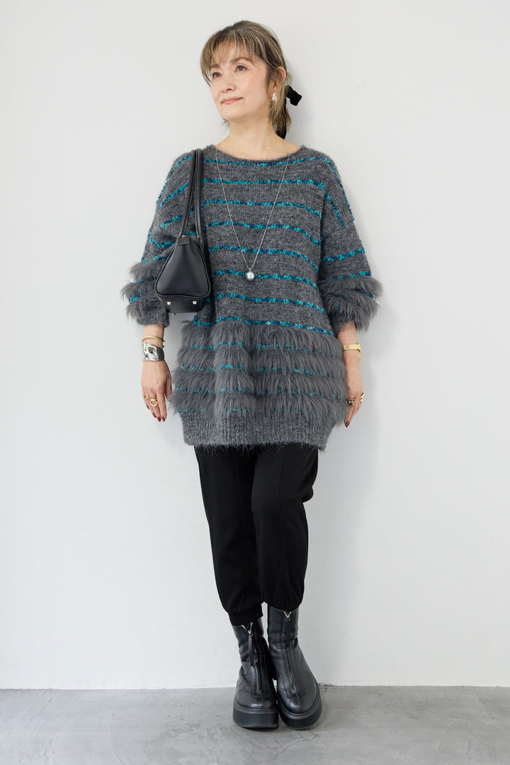 [SET]配色ラインシャギーニット+【REIKOコラボ】スウェット起毛ジョガーパンツ(2set)