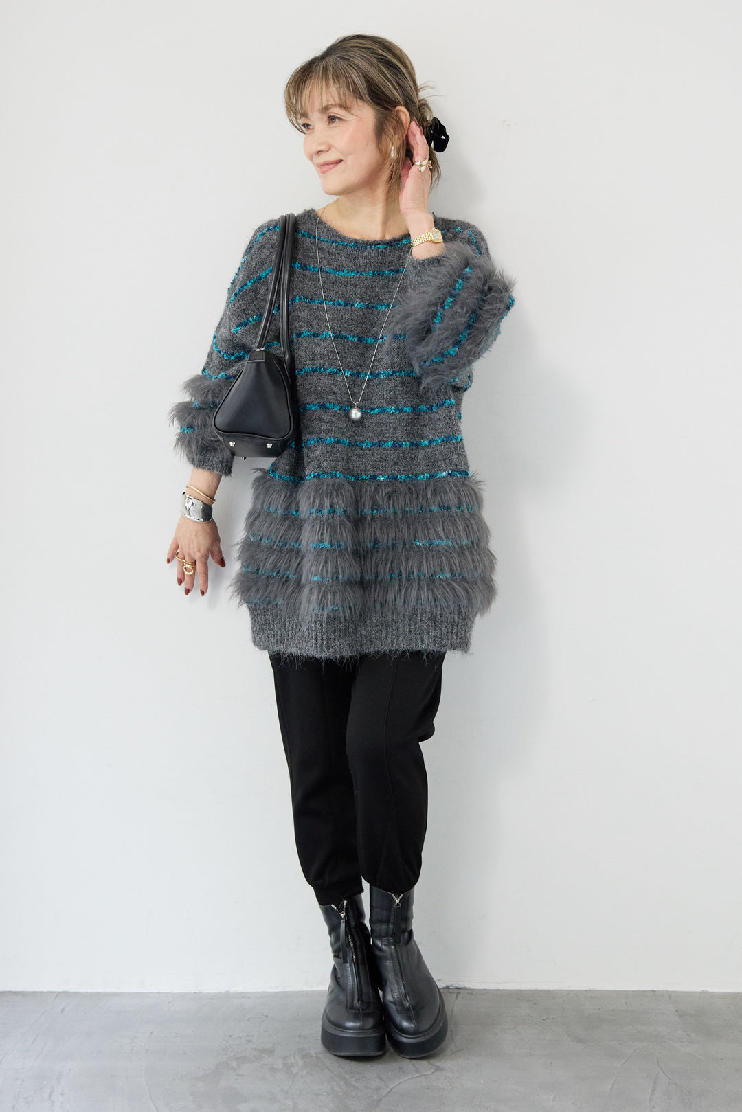 [SET]配色ラインシャギーニット+【REIKOコラボ】スウェット起毛ジョガーパンツ(2set)