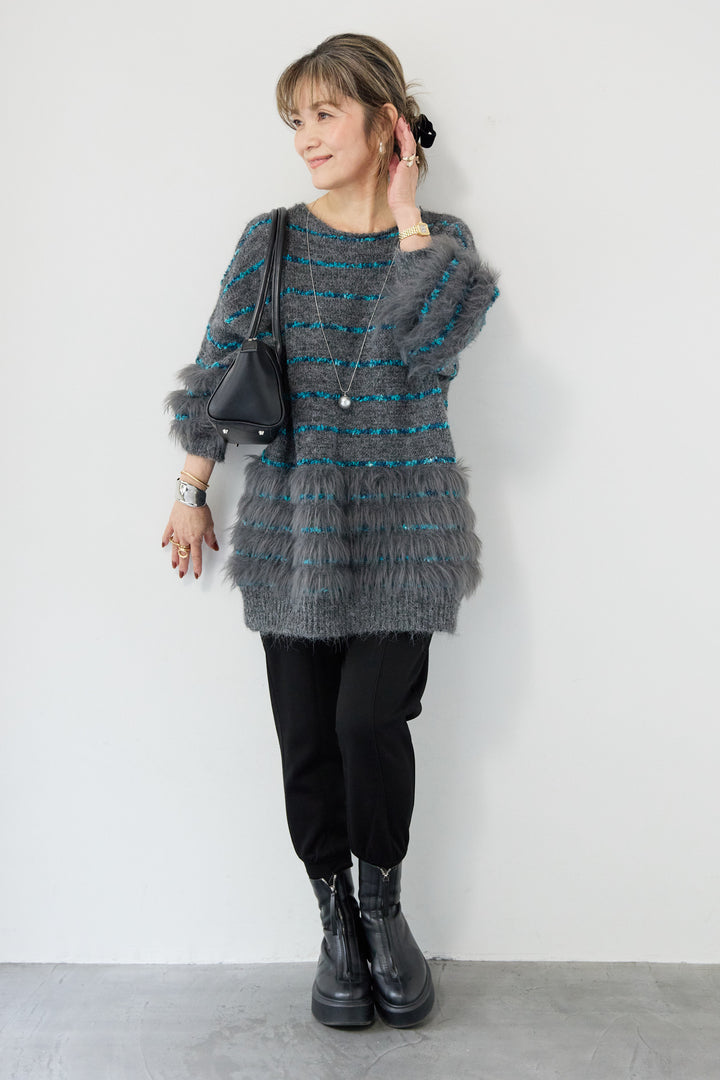 [SET]配色ラインシャギーニット+【REIKOコラボ】スウェット起毛ジョガーパンツ(2set)