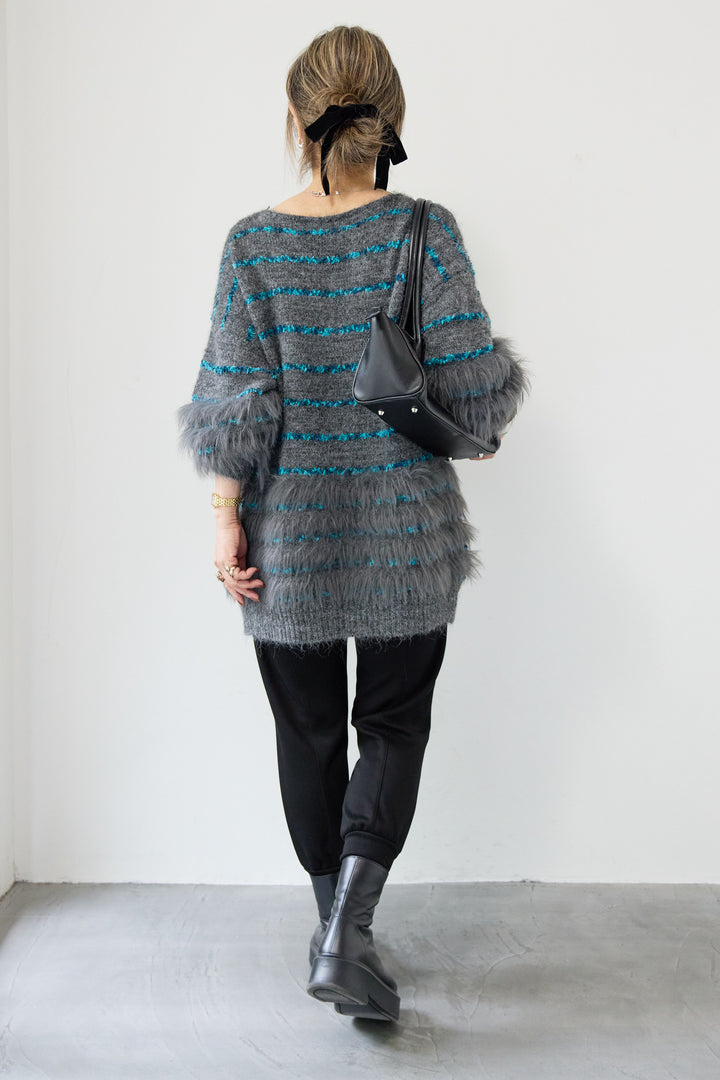 [SET]配色ラインシャギーニット+【REIKOコラボ】スウェット起毛ジョガーパンツ(2set)