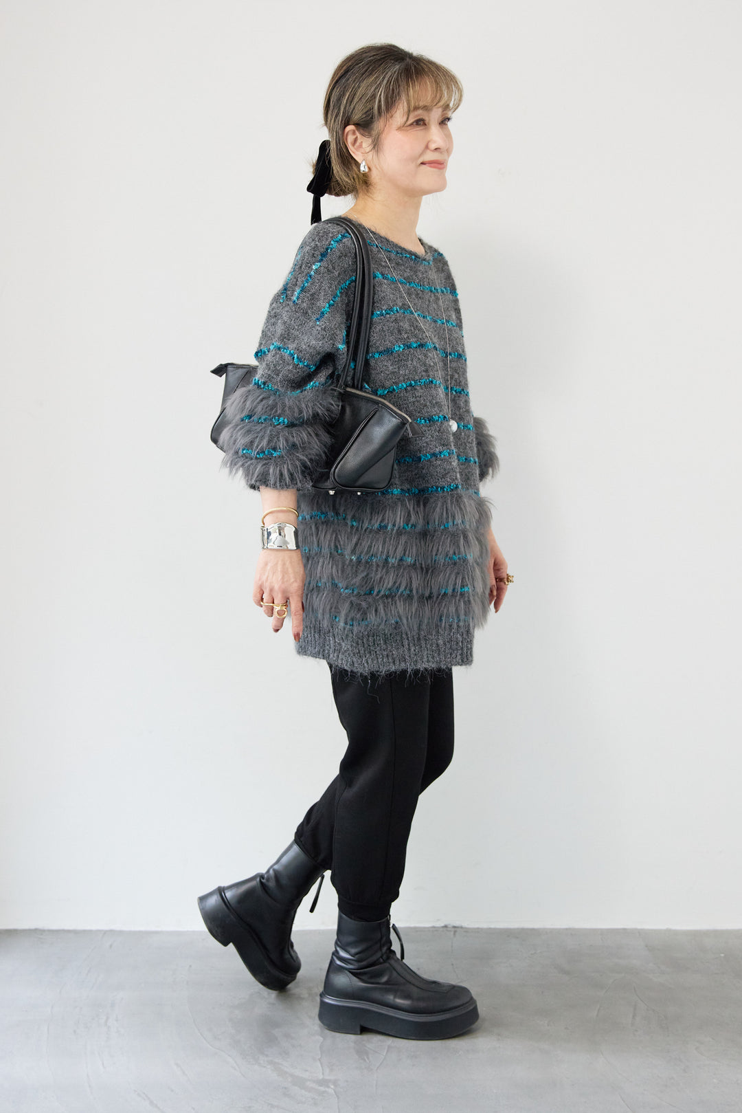 [SET]配色ラインシャギーニット+【REIKOコラボ】スウェット起毛ジョガーパンツ(2set)