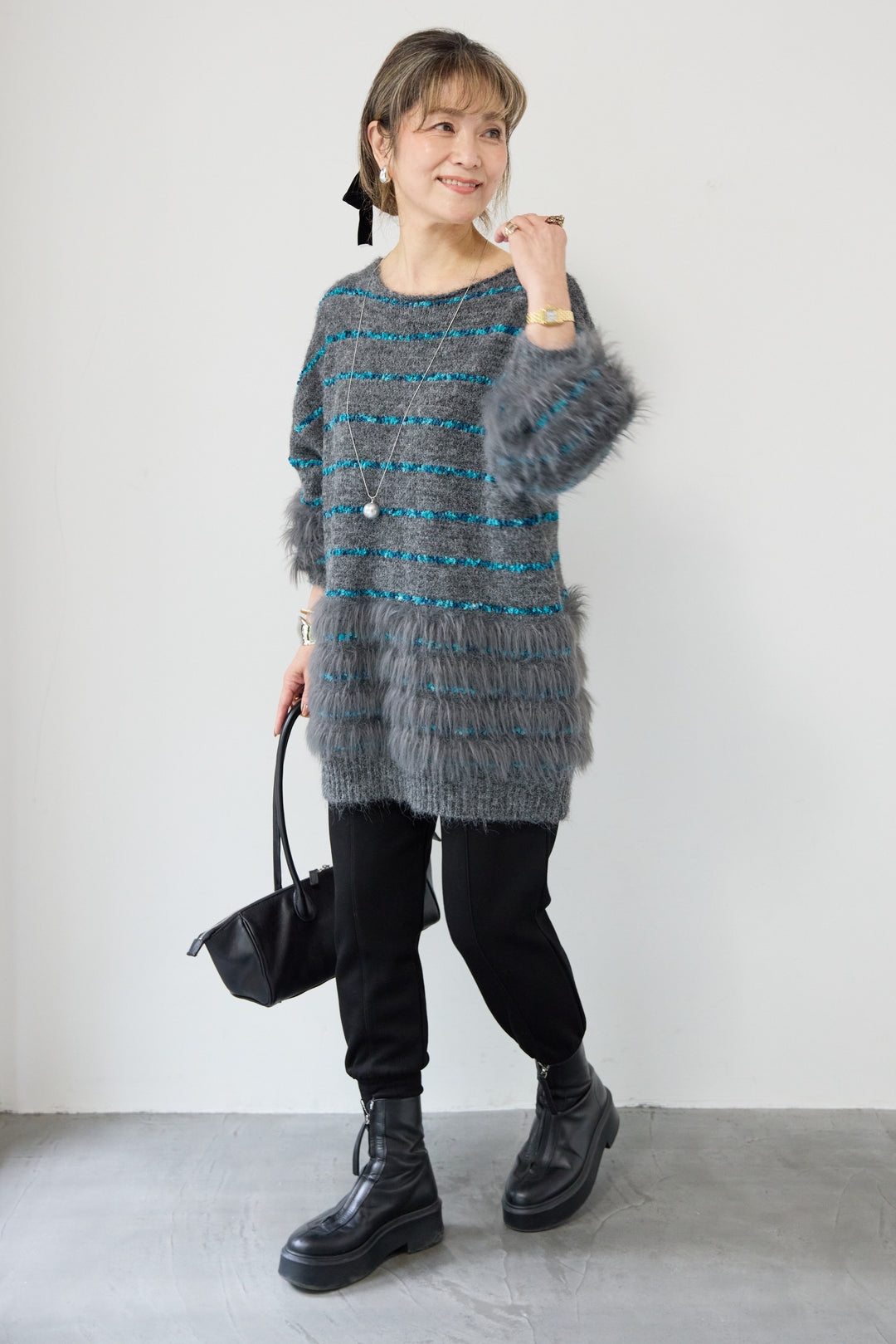 [SET]配色ラインシャギーニット+【REIKOコラボ】スウェット起毛ジョガーパンツ(2set)