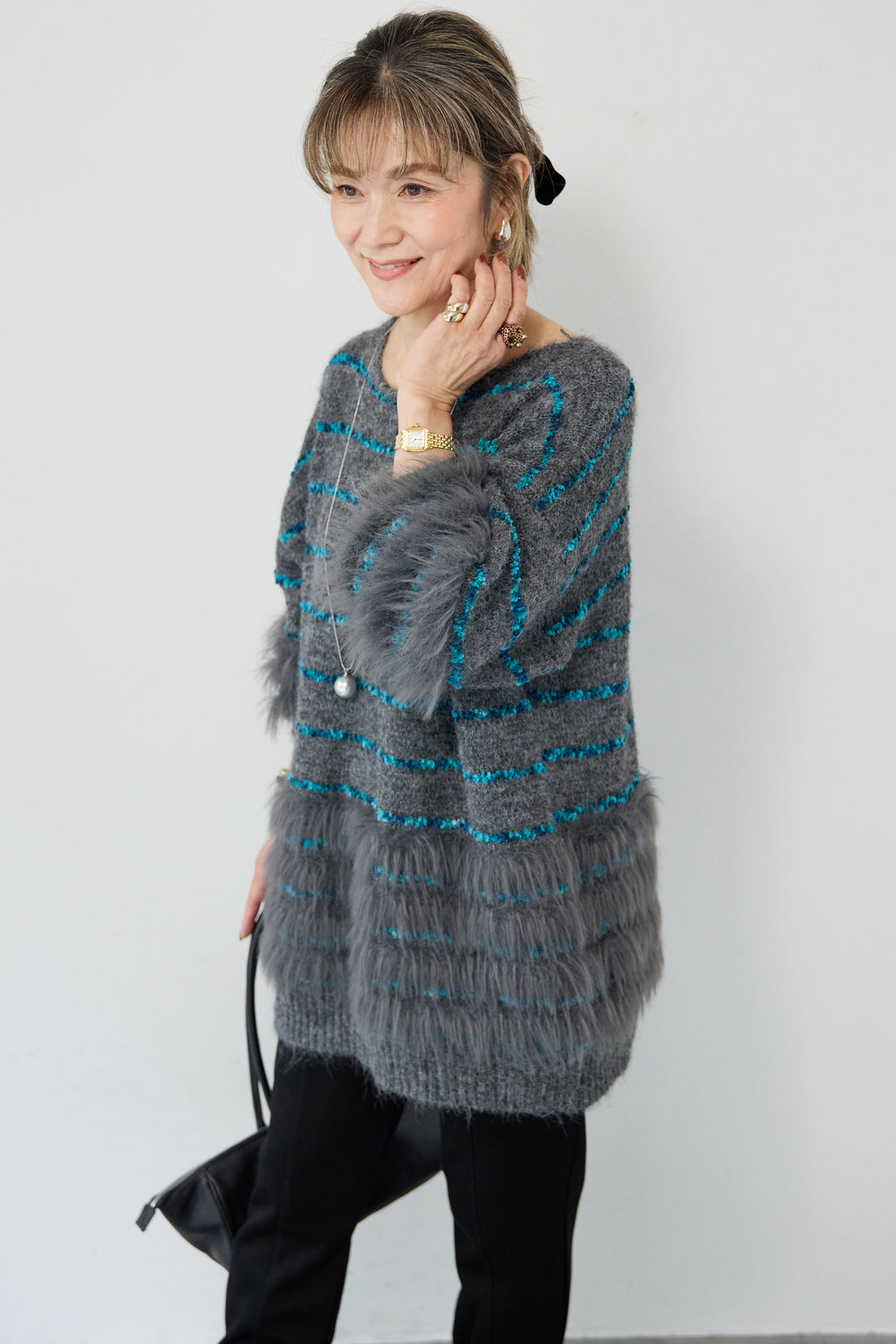 [SET]配色ラインシャギーニット+【REIKOコラボ】スウェット起毛ジョガーパンツ(2set)