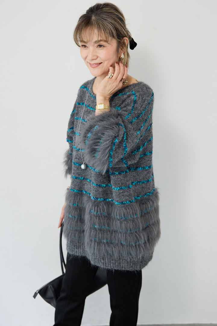 [SET]配色ラインシャギーニット+【REIKOコラボ】スウェット起毛ジョガーパンツ(2set)