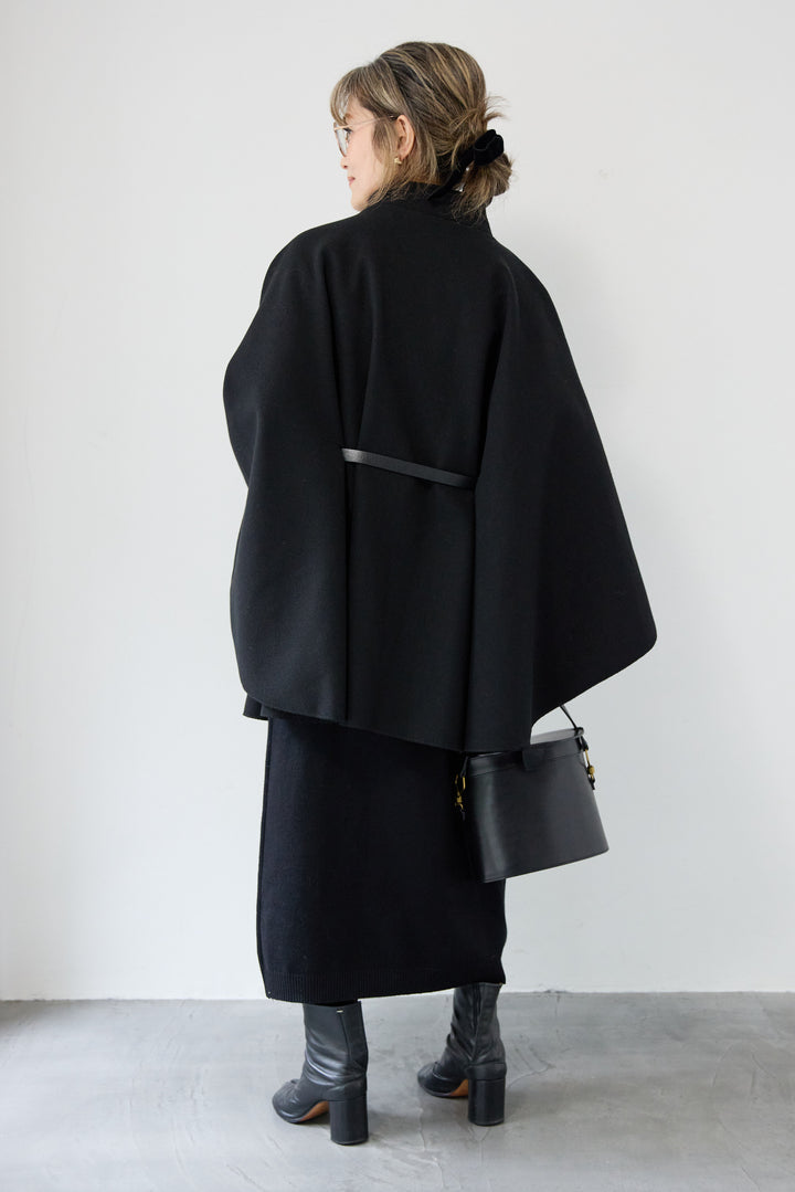 [SET]スタンドカラーケープコート+Vネック ロングニットワンピース(2set)