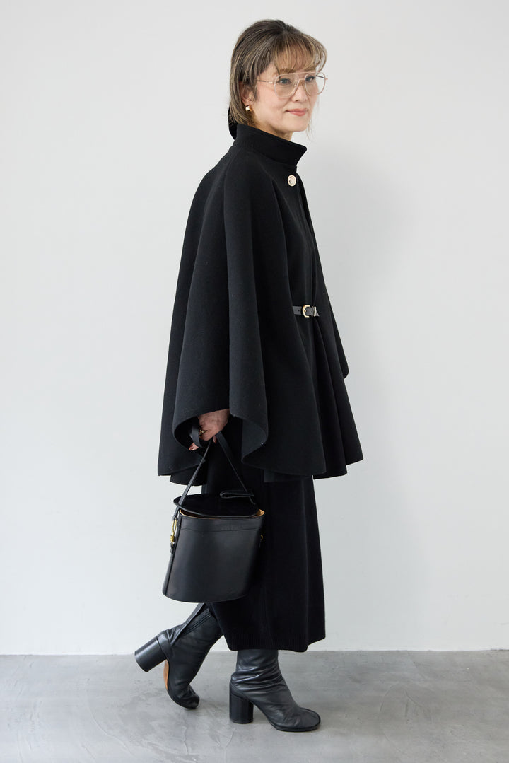 [SET]スタンドカラーケープコート+Vネック ロングニットワンピース(2set)