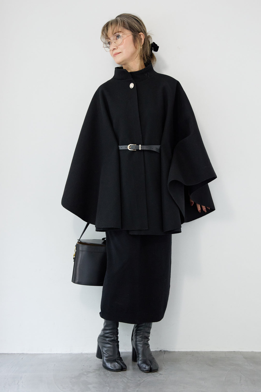 [SET]スタンドカラーケープコート+Vネック ロングニットワンピース(2set)