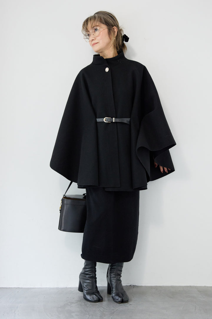 [SET]スタンドカラーケープコート+Vネック ロングニットワンピース(2set)