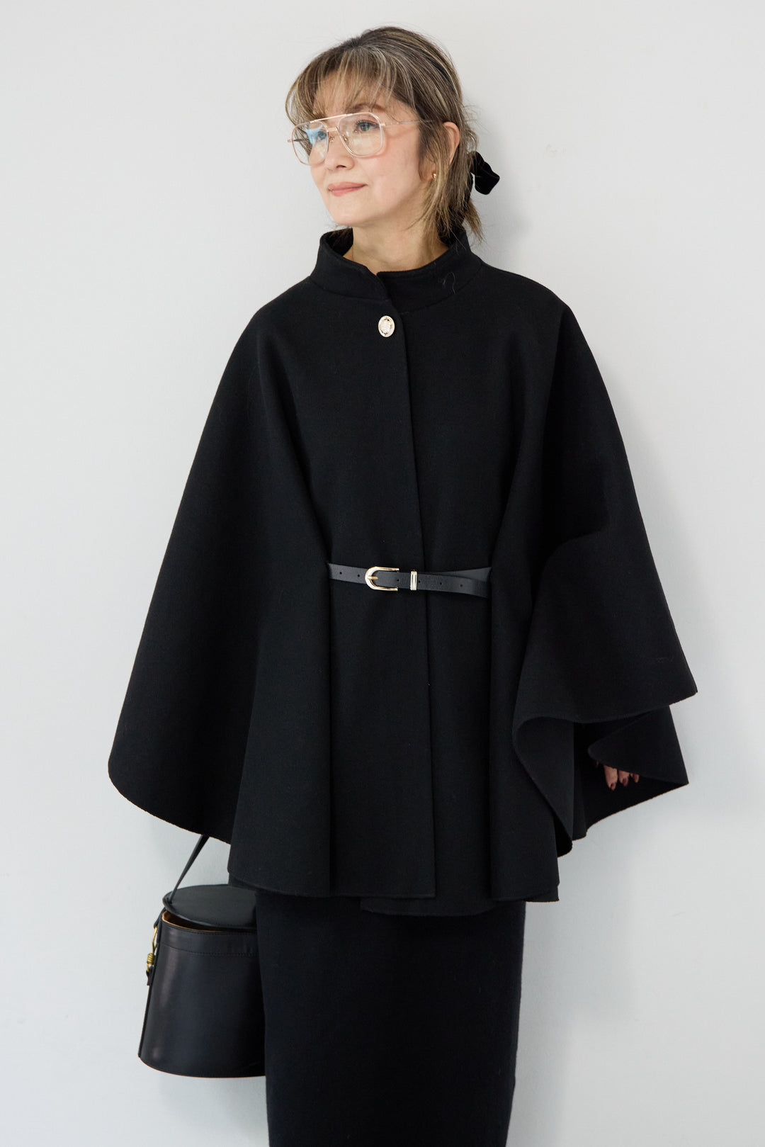 [SET]スタンドカラーケープコート+Vネック ロングニットワンピース(2set)