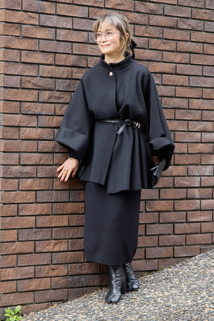 [SET]スタンドカラーケープコート+Vネック ロングニットワンピース(2set)