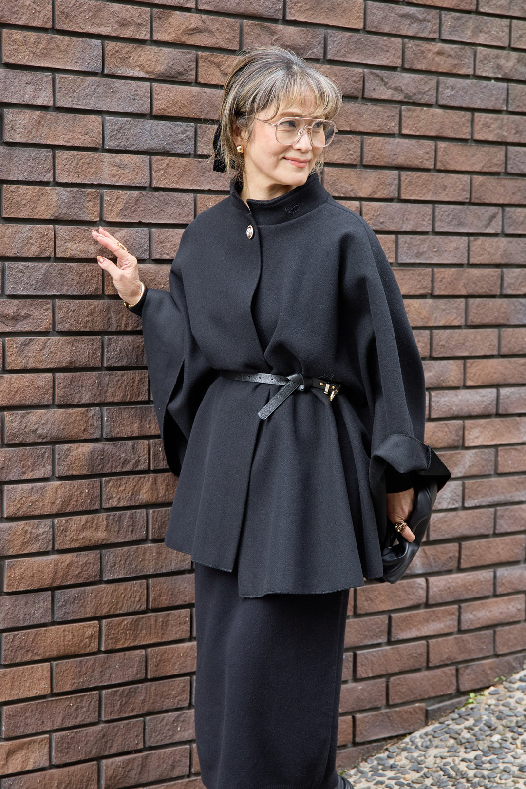 [SET]スタンドカラーケープコート+Vネック ロングニットワンピース(2set)