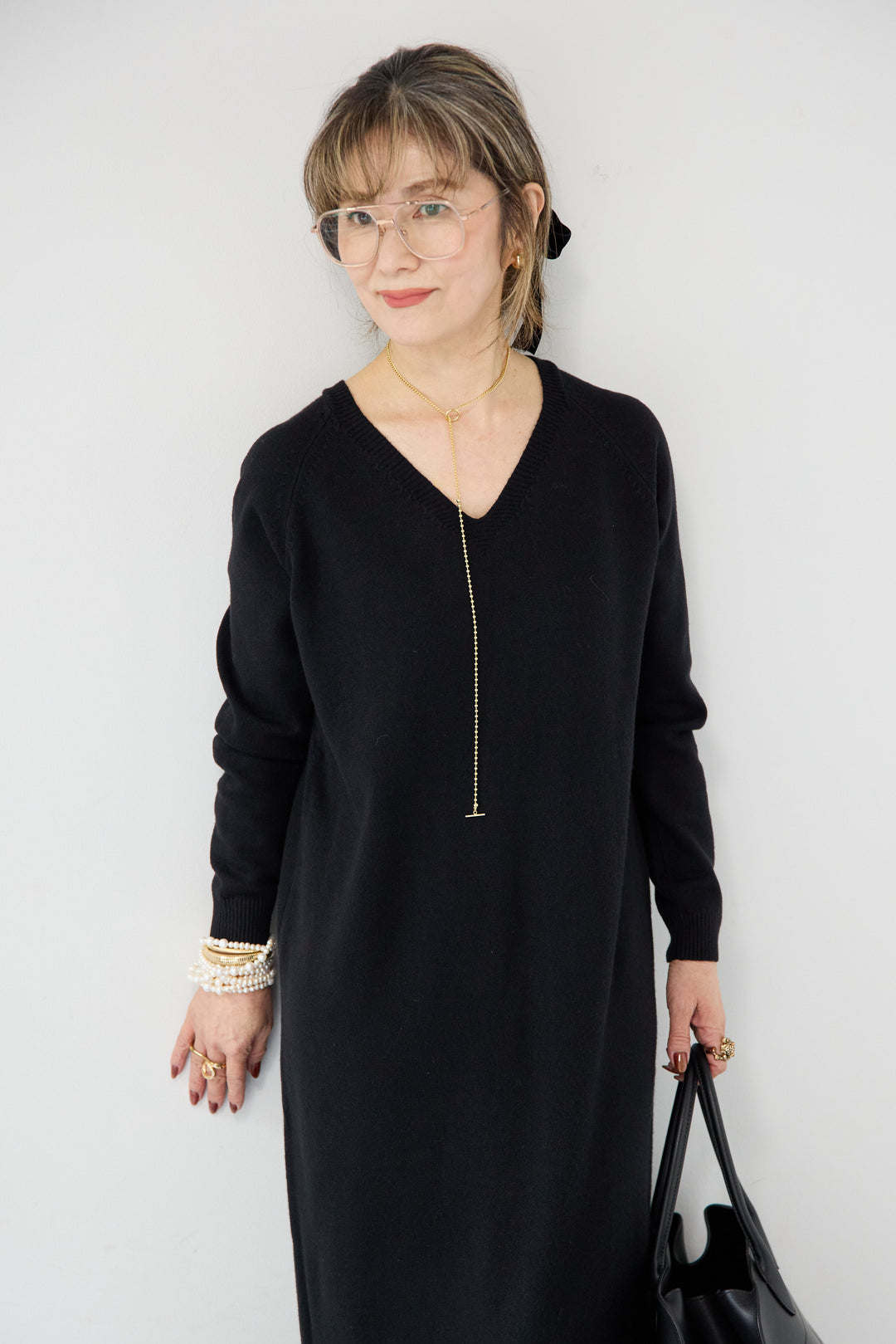 Vネック ロングニットワンピース