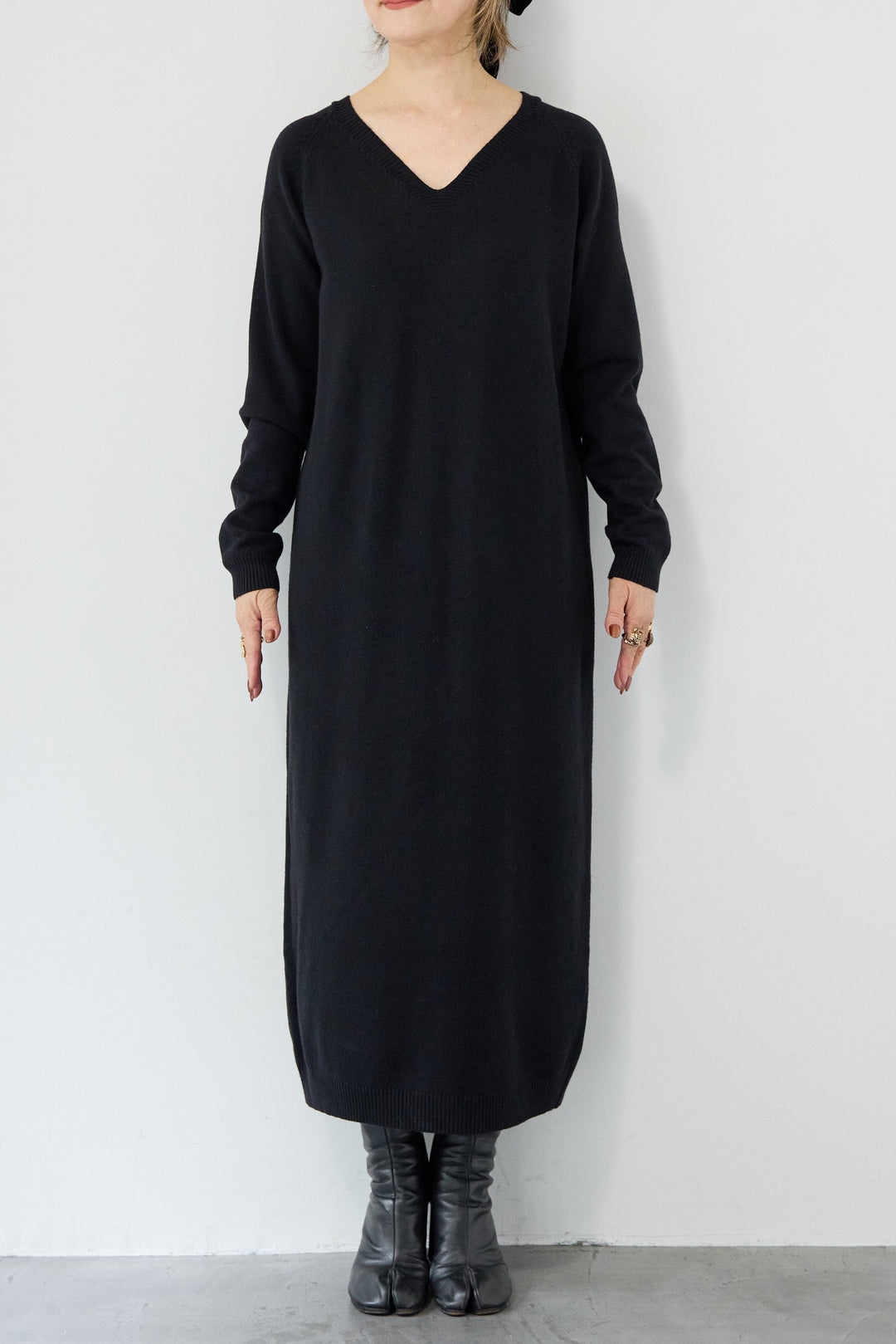 [SET]スタンドカラーケープコート+Vネック ロングニットワンピース(2set)