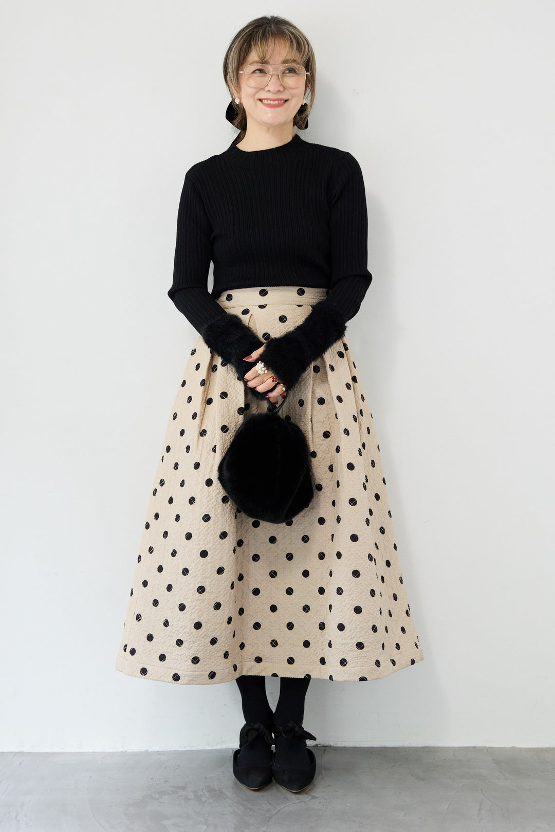 ドット柄 フレアロングスカート