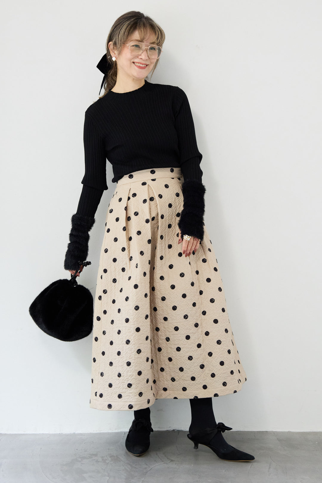 ドット柄 フレアロングスカート