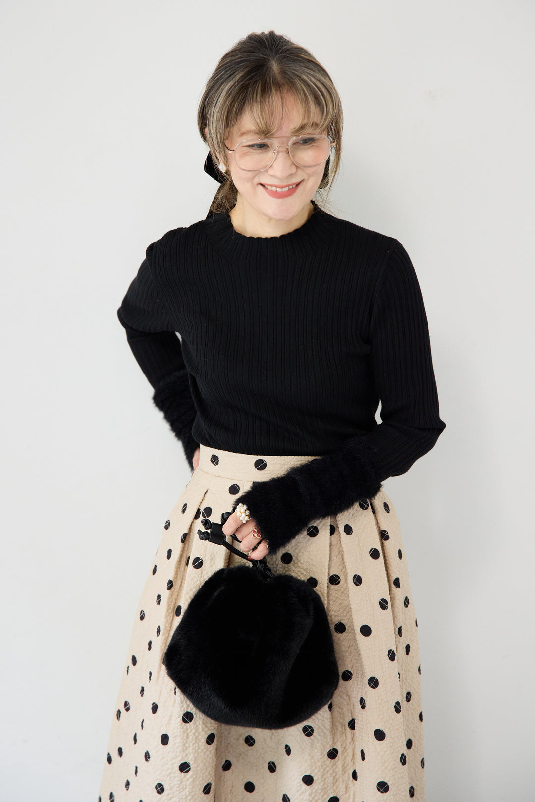 ドット柄 フレアロングスカート