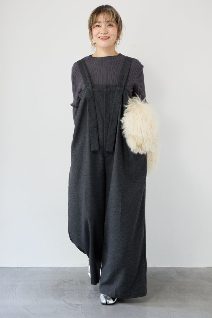 [SET]袖シャギーランダムリブニット+ウール混ワイドサロペットパンツ(2set)