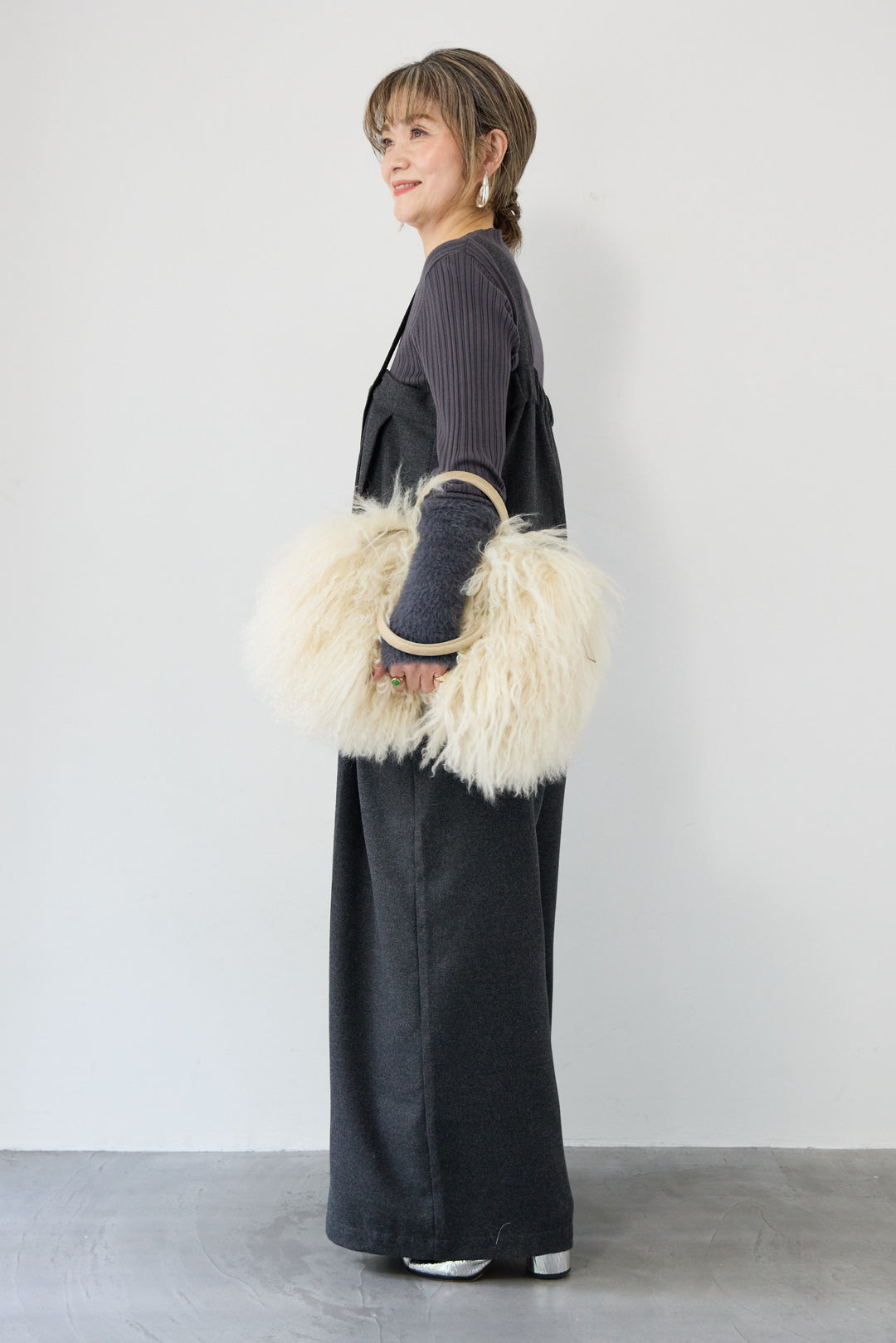 ウール混ワイドサロペットパンツ