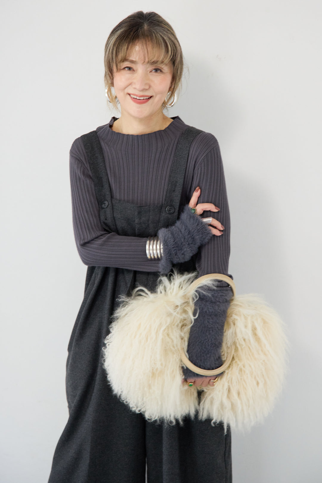 ウール混ワイドサロペットパンツ