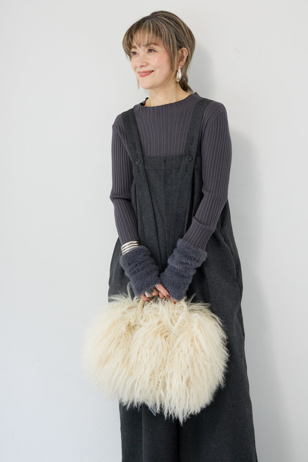 ウール混ワイドサロペットパンツ