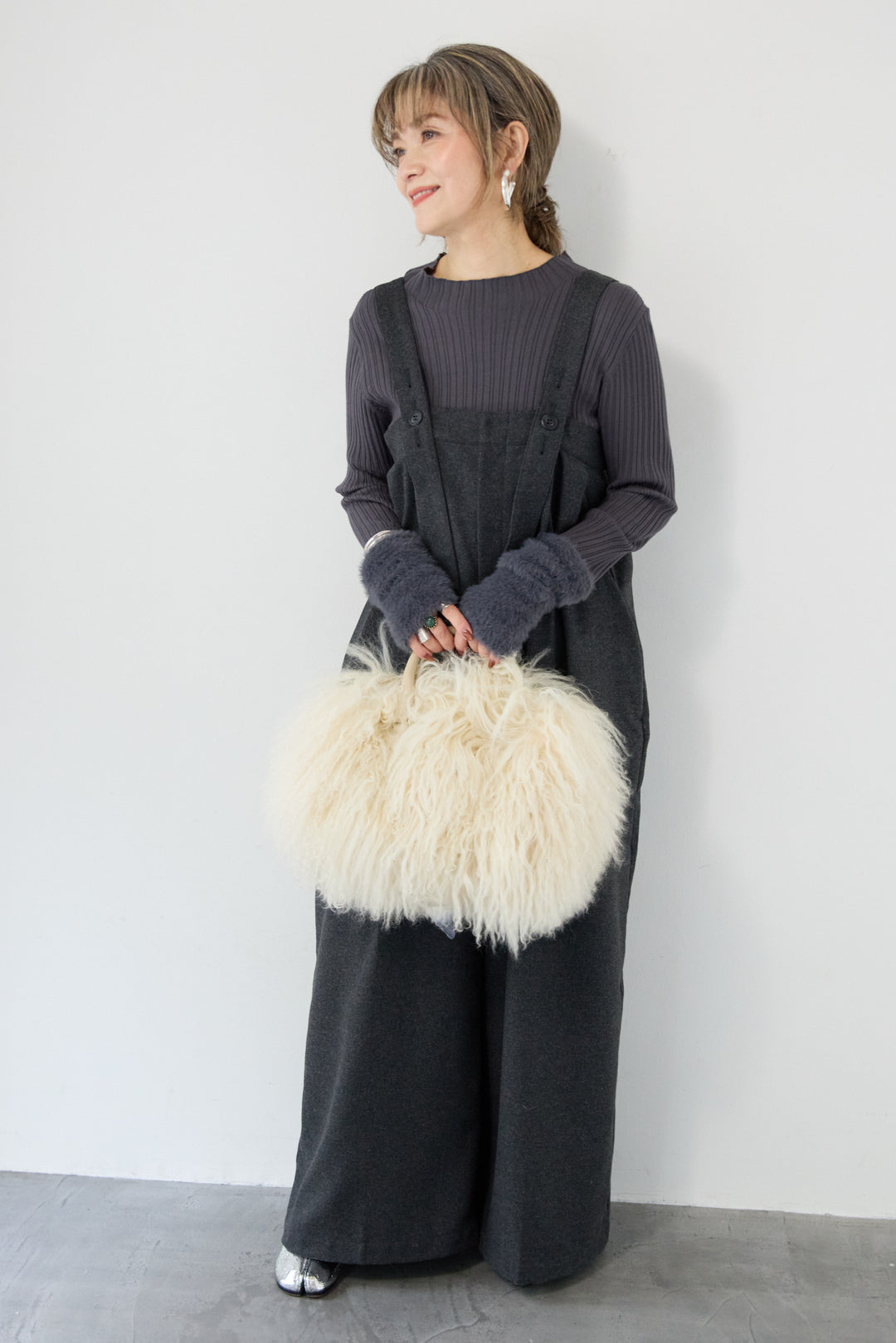 ウール混ワイドサロペットパンツ