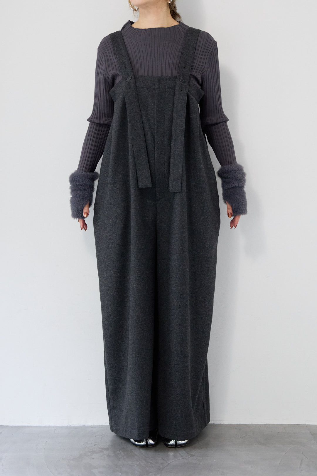 [SET]袖シャギーランダムリブニット+ウール混ワイドサロペットパンツ(2set)