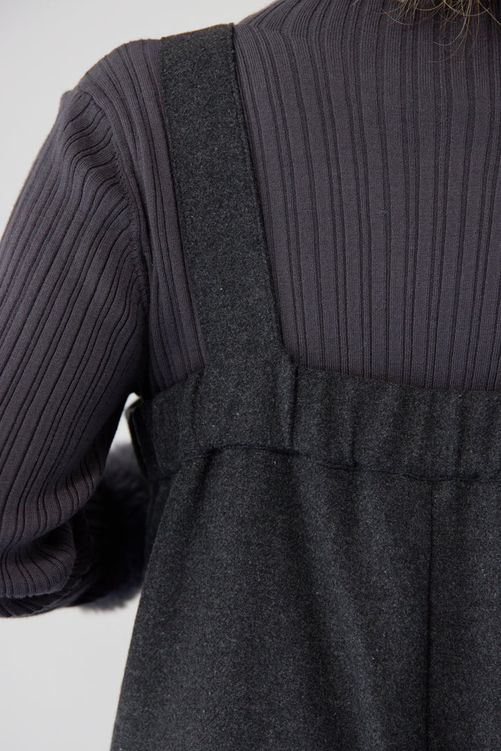 [SET]袖シャギーランダムリブニット+ウール混ワイドサロペットパンツ(2set)