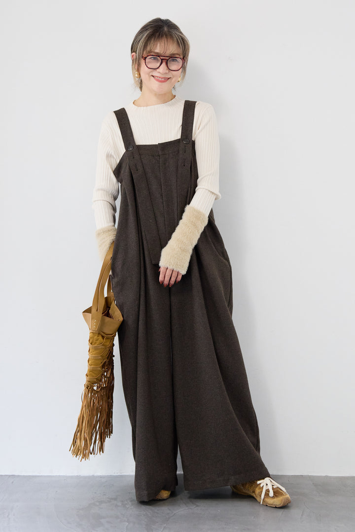 ウール混ワイドサロペットパンツ