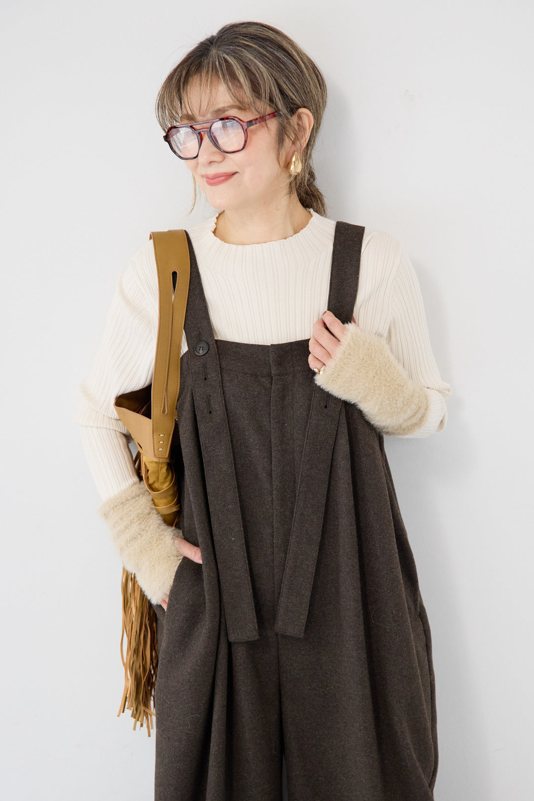 ウール混ワイドサロペットパンツ