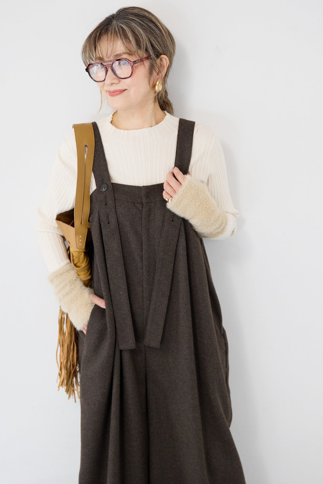 ウール混ワイドサロペットパンツ