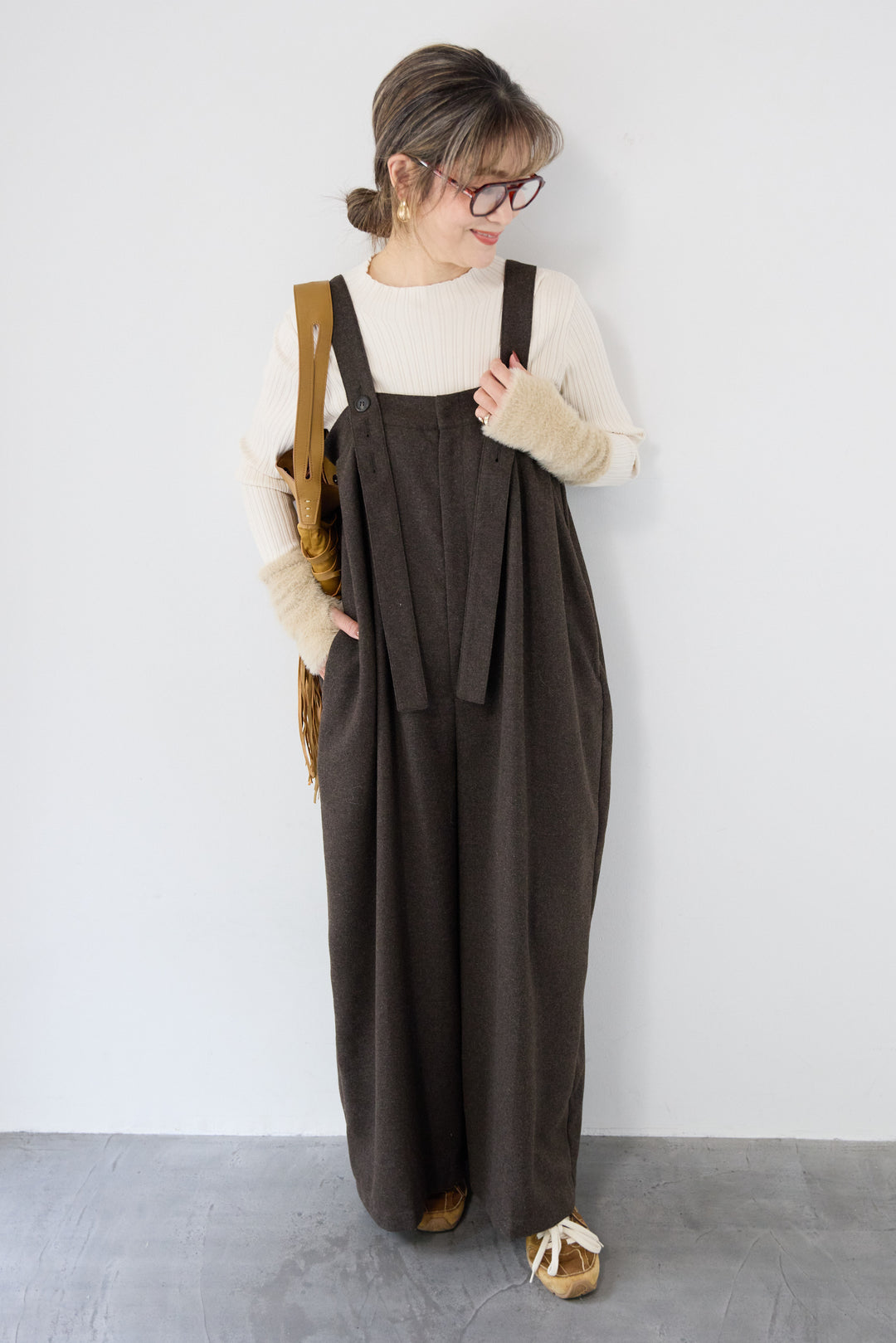 ウール混ワイドサロペットパンツ