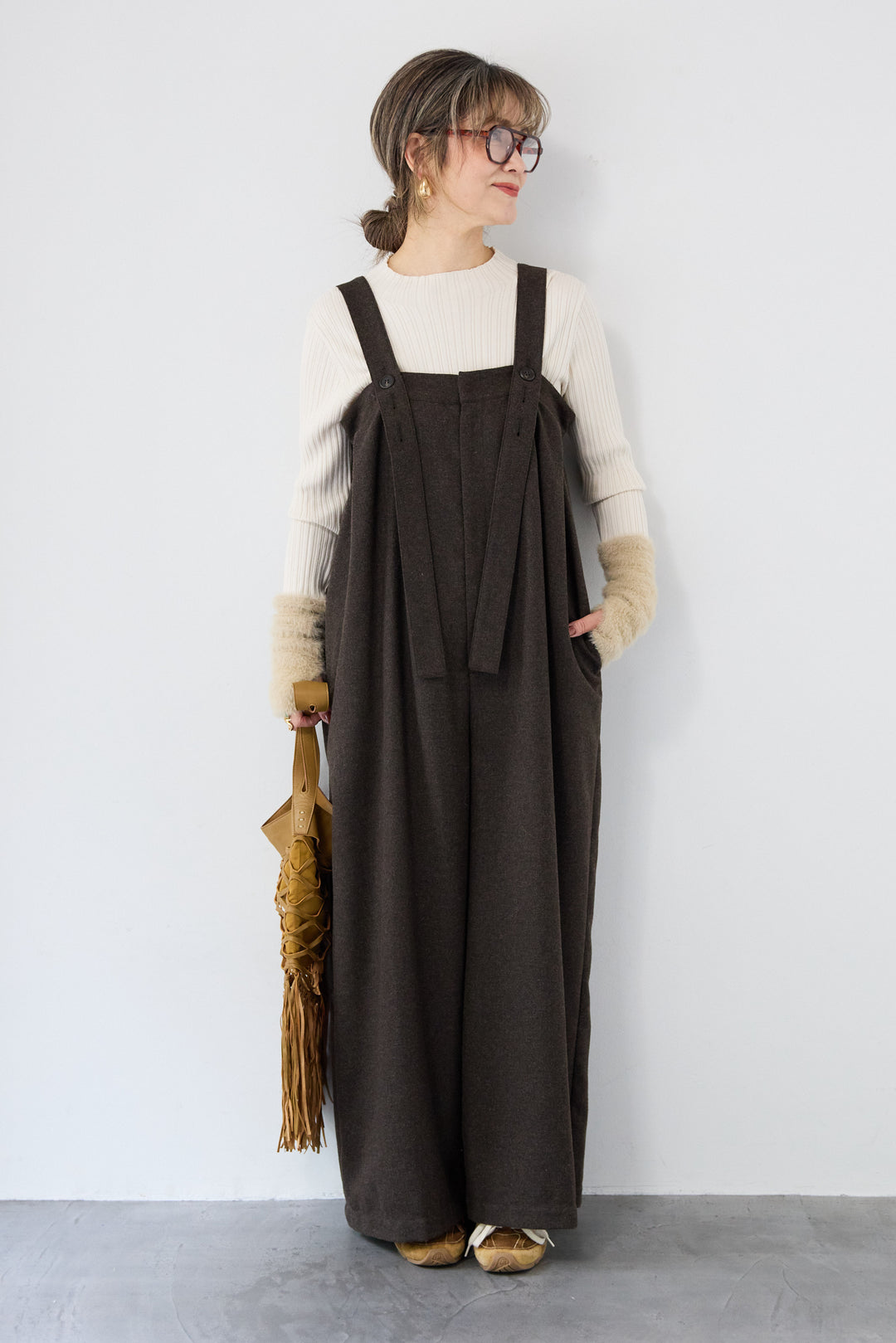 ウール混ワイドサロペットパンツ