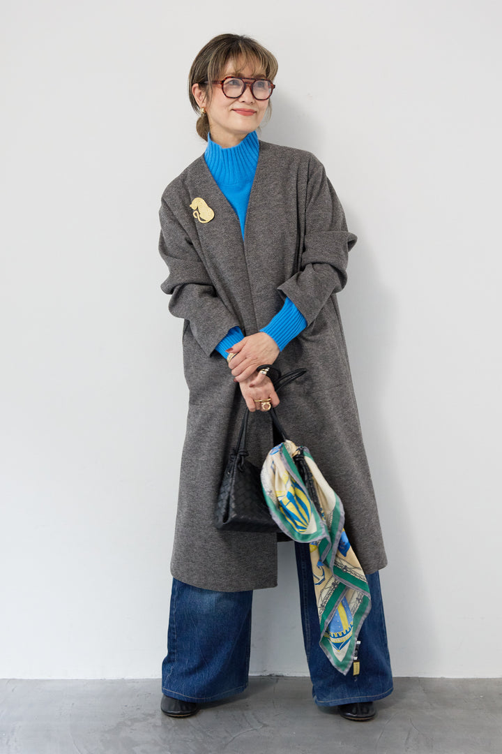 [SET]カシミア プルオーバーニット+ノーカラー ロング丈 ガウンコート(2set)