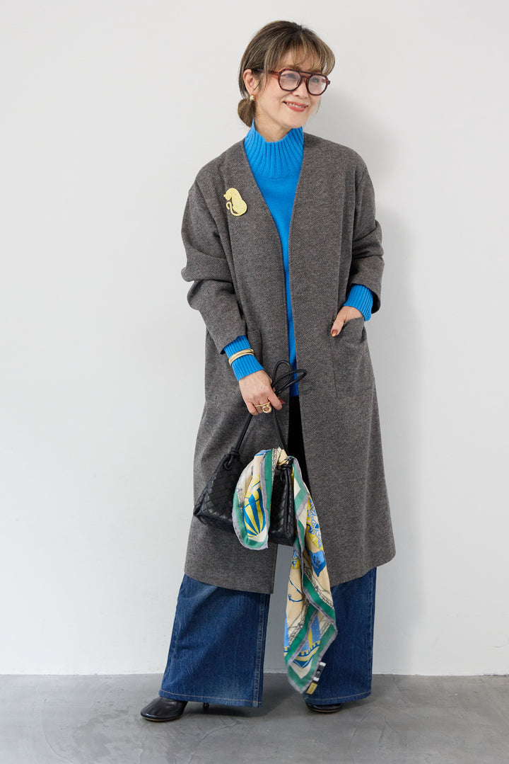 [SET]カシミア プルオーバーニット+ノーカラー ロング丈 ガウンコート(2set)