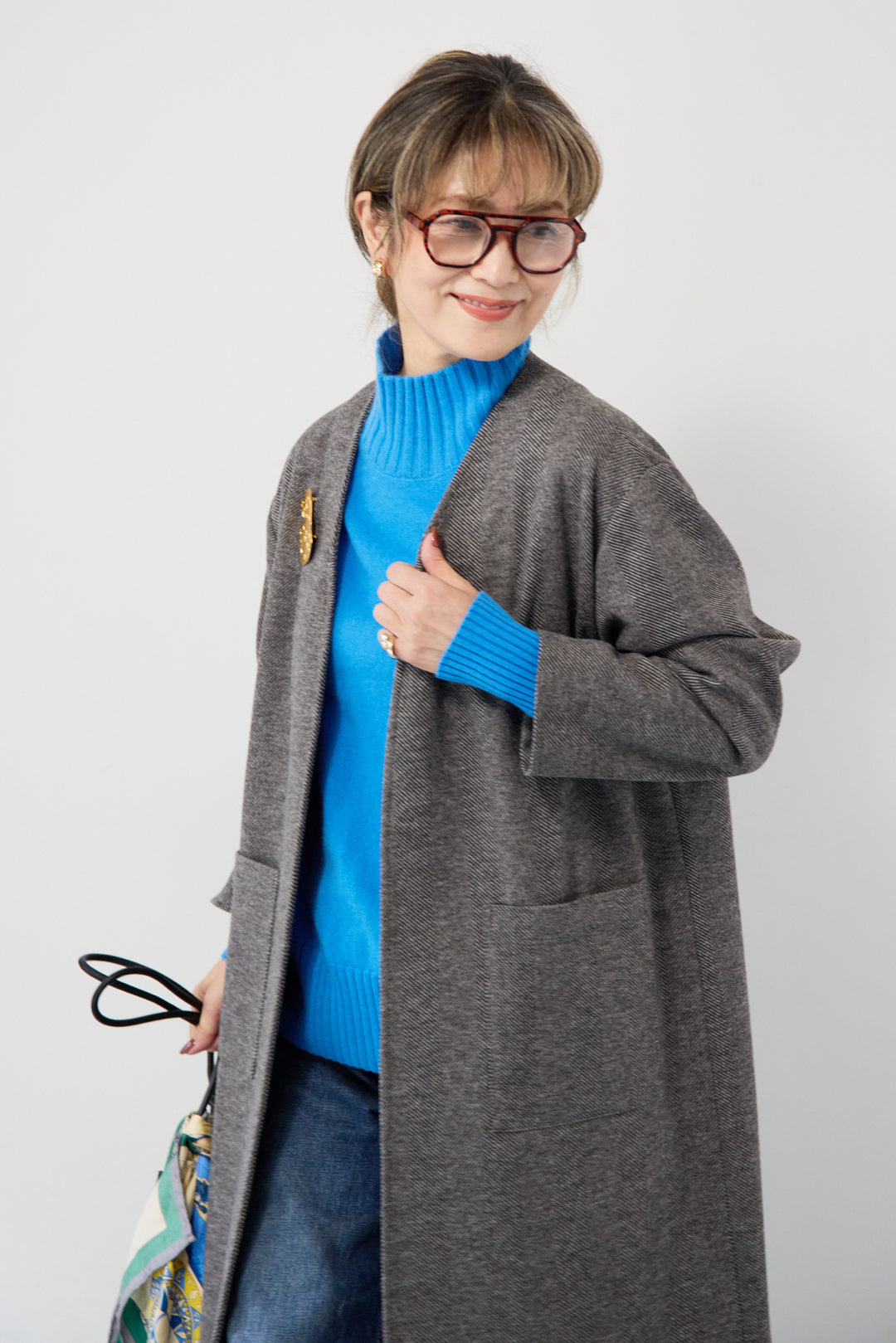 [SET]カシミア プルオーバーニット+ノーカラー ロング丈 ガウンコート(2set)