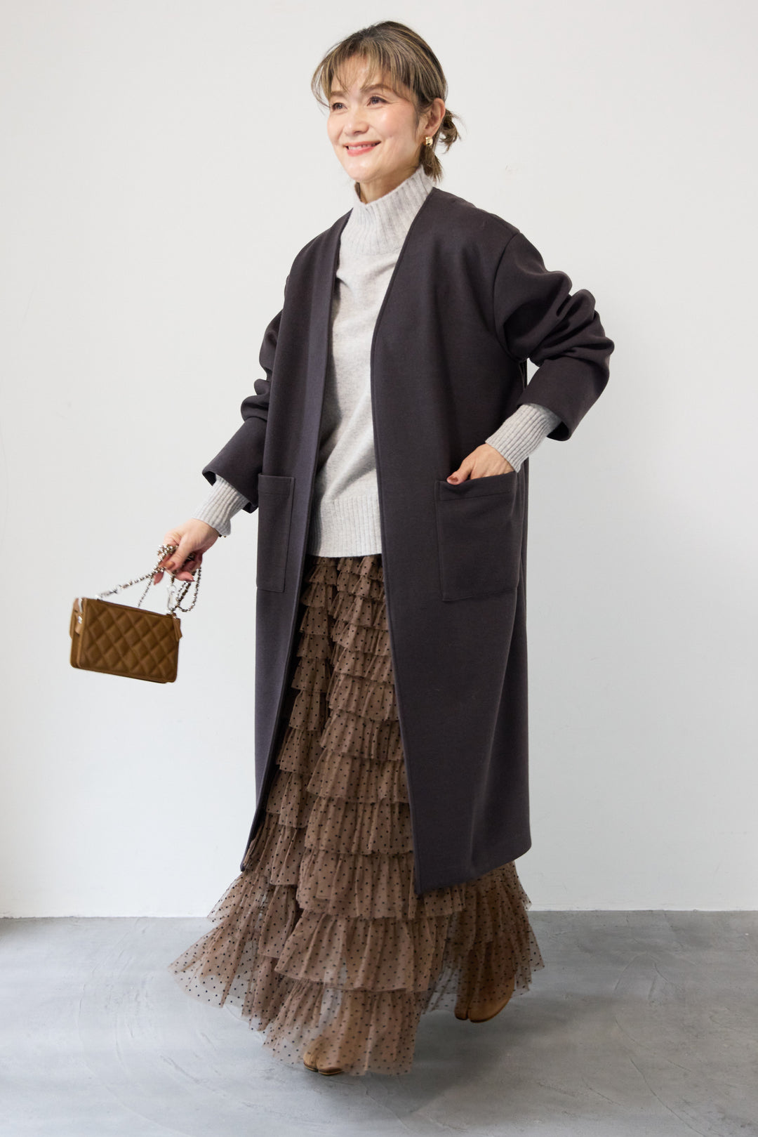 [SET]カシミア プルオーバーニット+ノーカラー ロング丈 ガウンコート(2set)