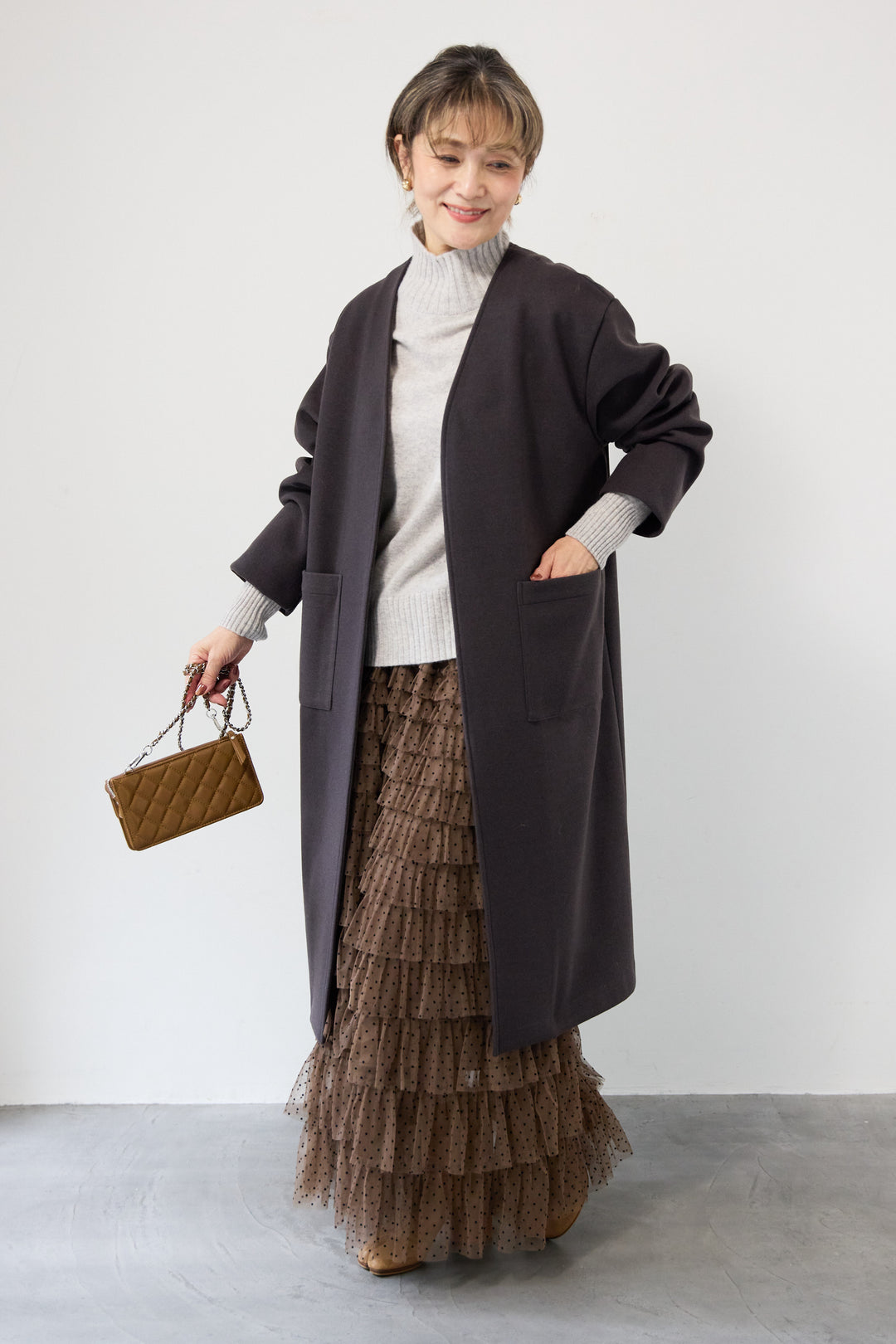 [SET]カシミア プルオーバーニット+ノーカラー ロング丈 ガウンコート(2set)