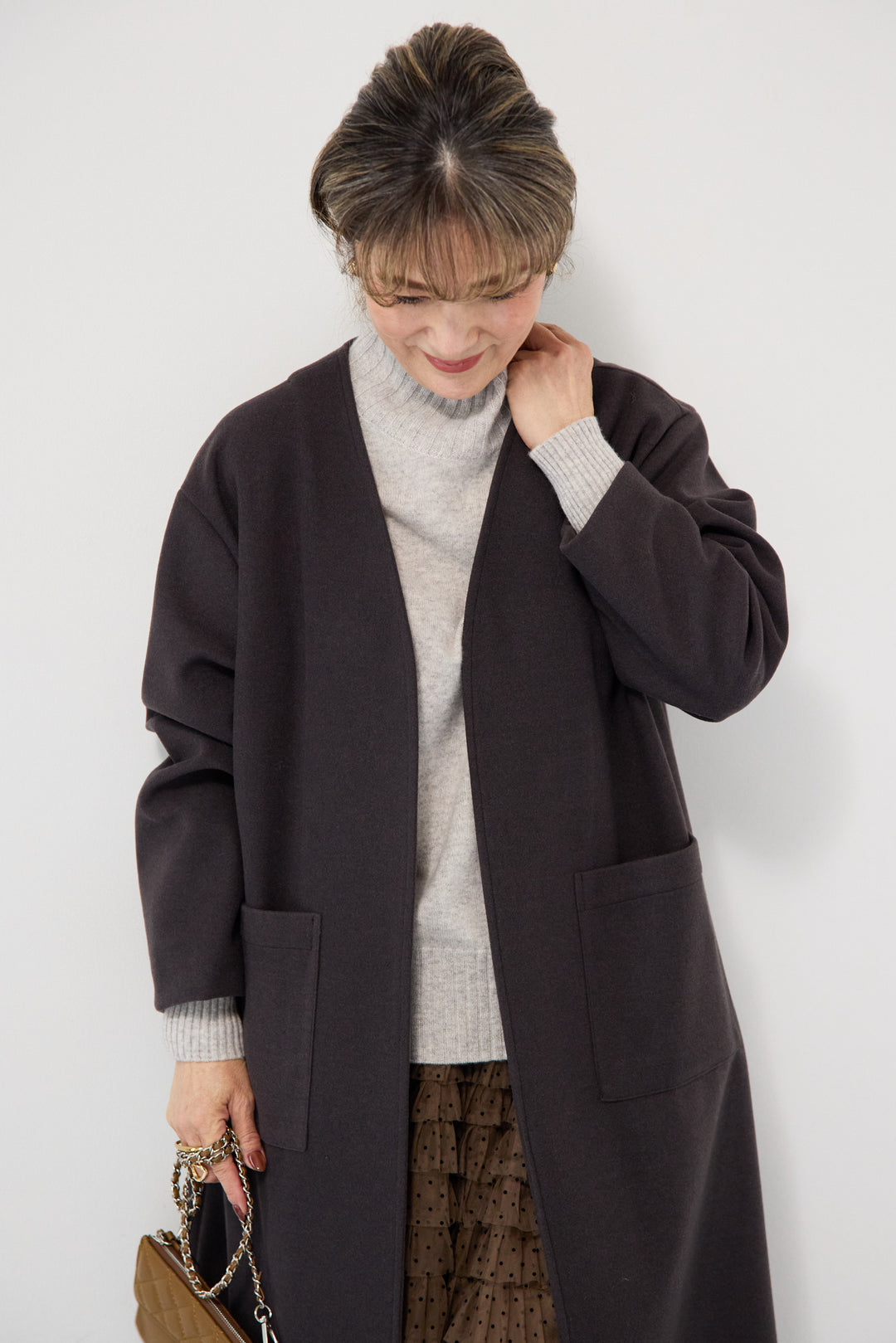 [SET]カシミア プルオーバーニット+ノーカラー ロング丈 ガウンコート(2set)