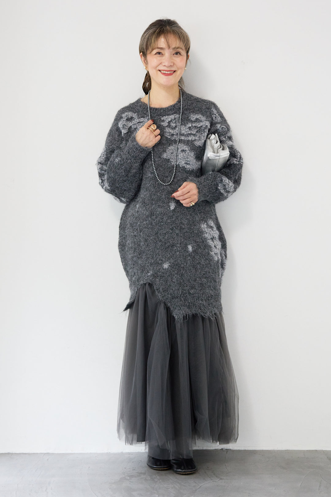 シャギーニット × チュール切替 ワンピース