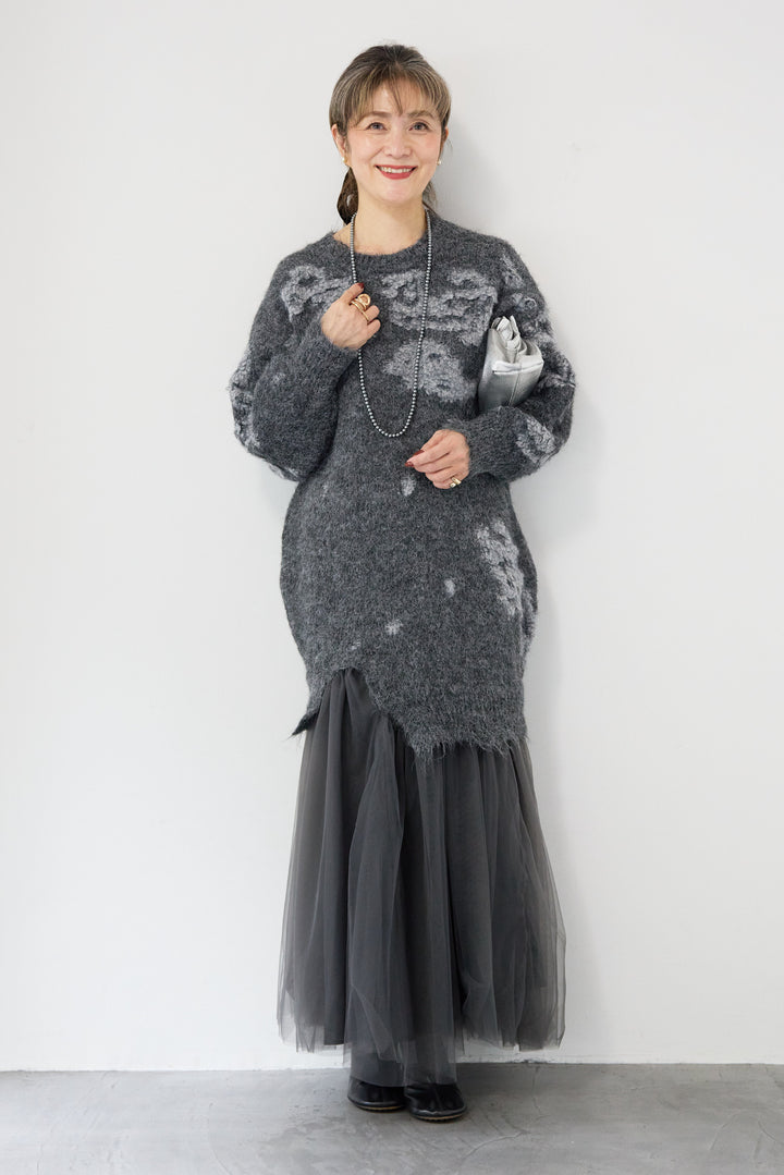 シャギーニット × チュール切替 ワンピース