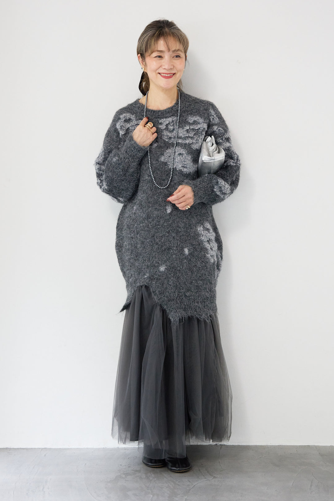 シャギーニット × チュール切替 ワンピース