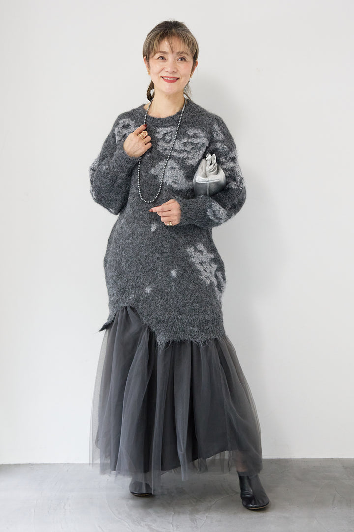 シャギーニット × チュール切替 ワンピース