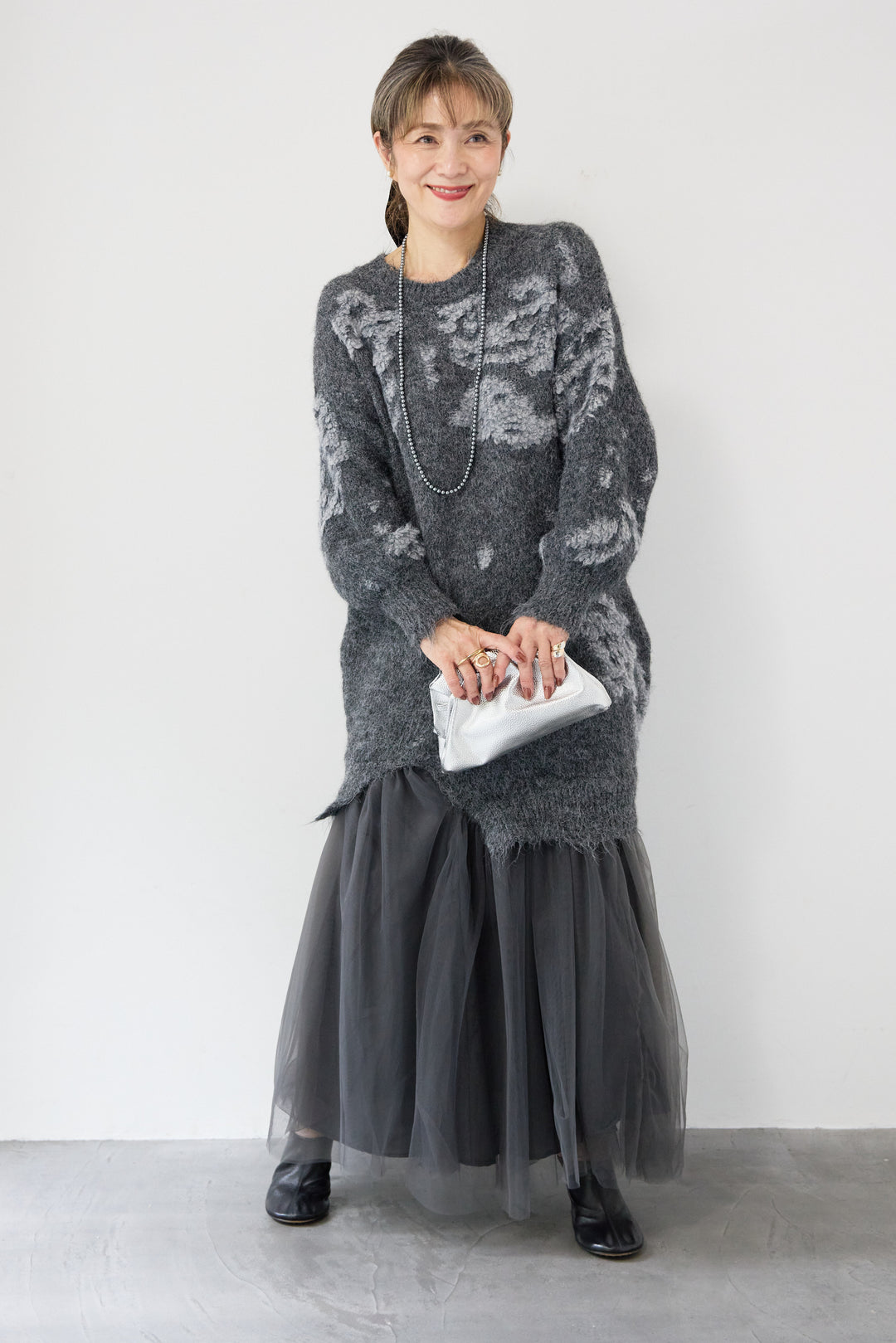 シャギーニット × チュール切替 ワンピース