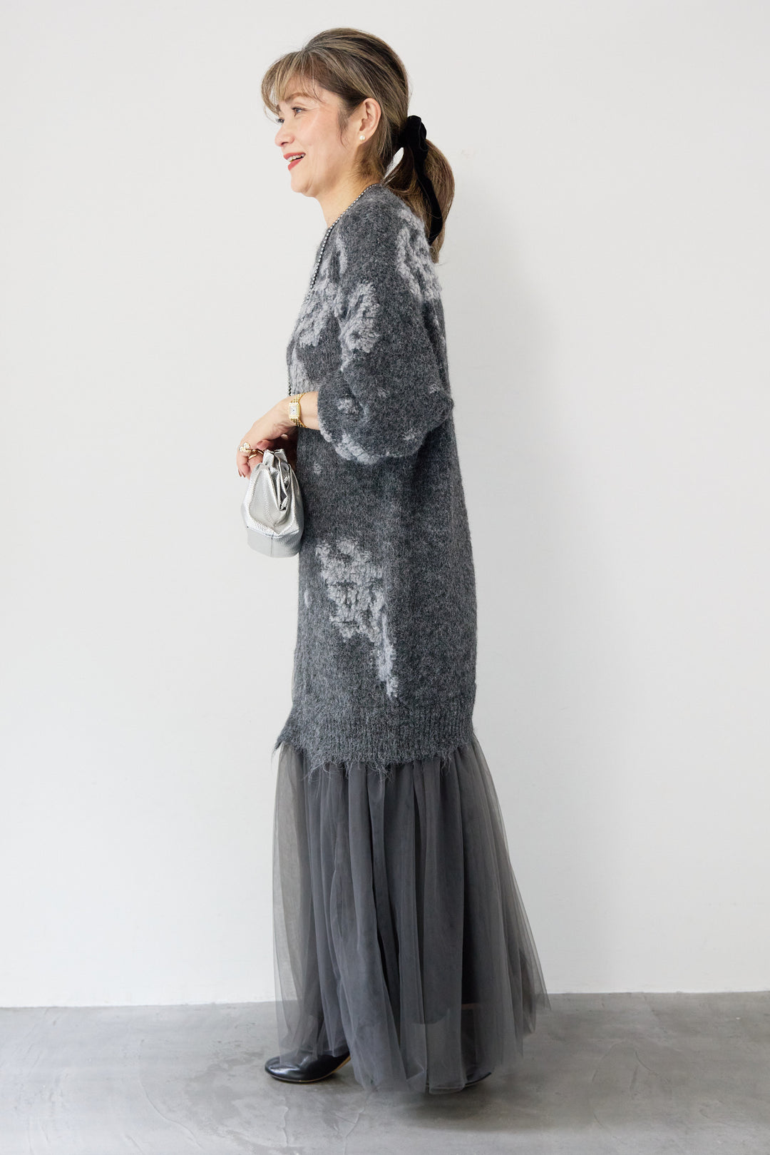 シャギーニット × チュール切替 ワンピース