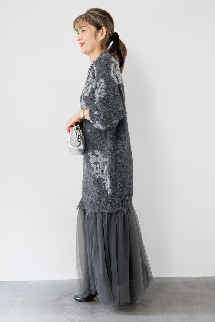 シャギーニット × チュール切替 ワンピース