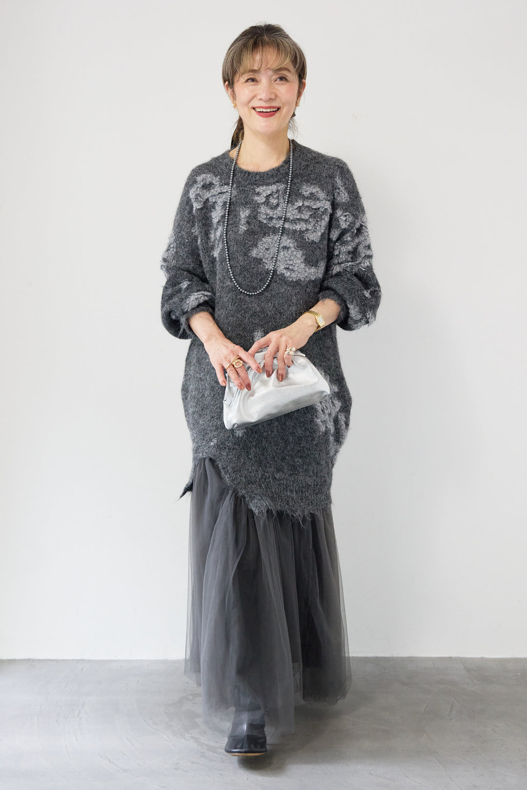 シャギーニット × チュール切替 ワンピース